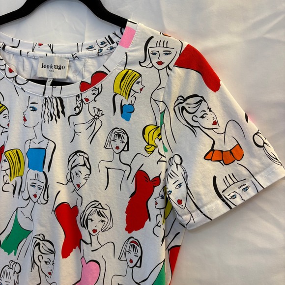 Leo & Ugo Paris Women's White Graphic Top Size 2 Shirt Medium Short Sleeve Artsy - Picture 2 of 7